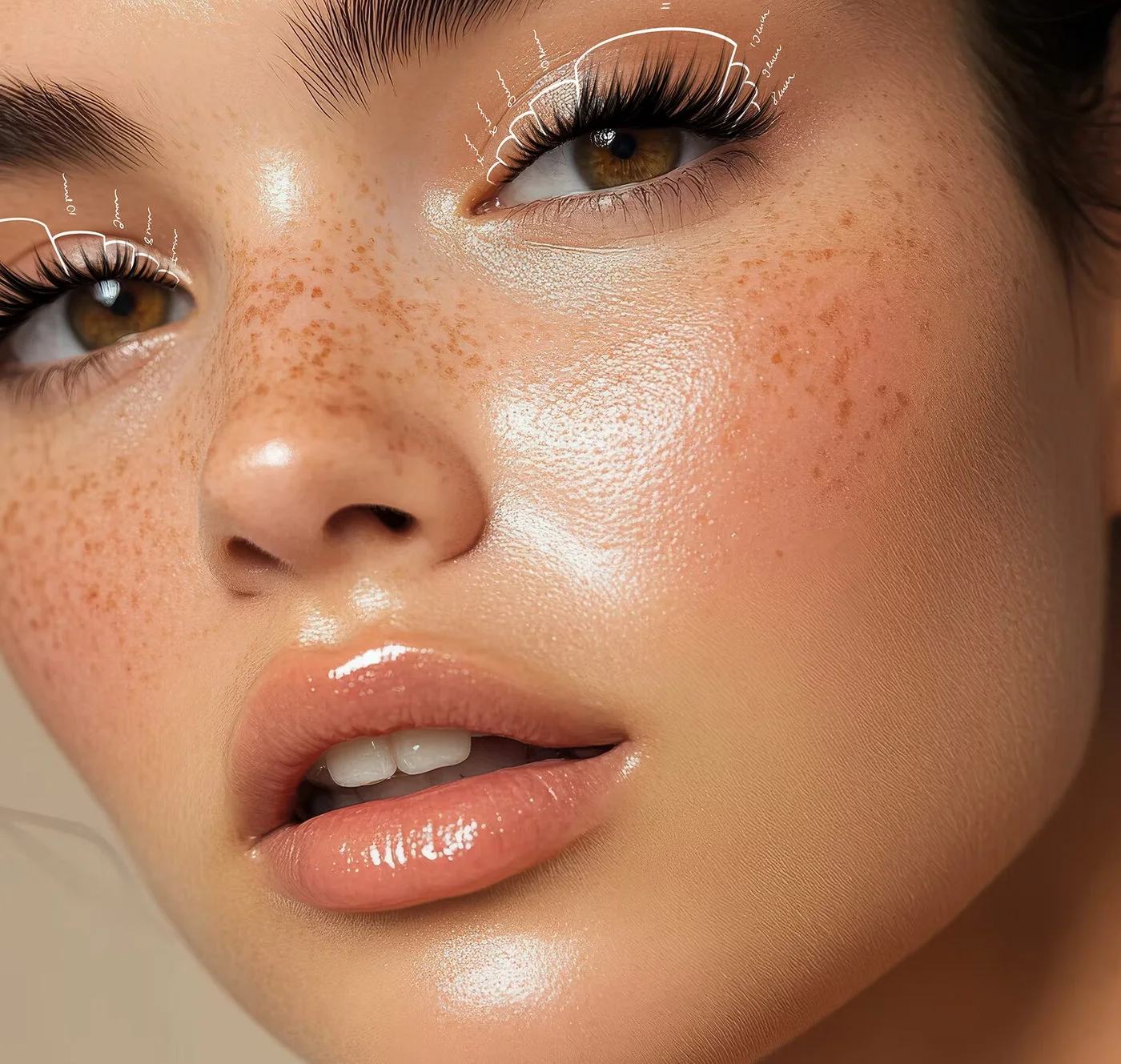 Close-up portrait with hand-drawn lash mapping annotations over both eyes